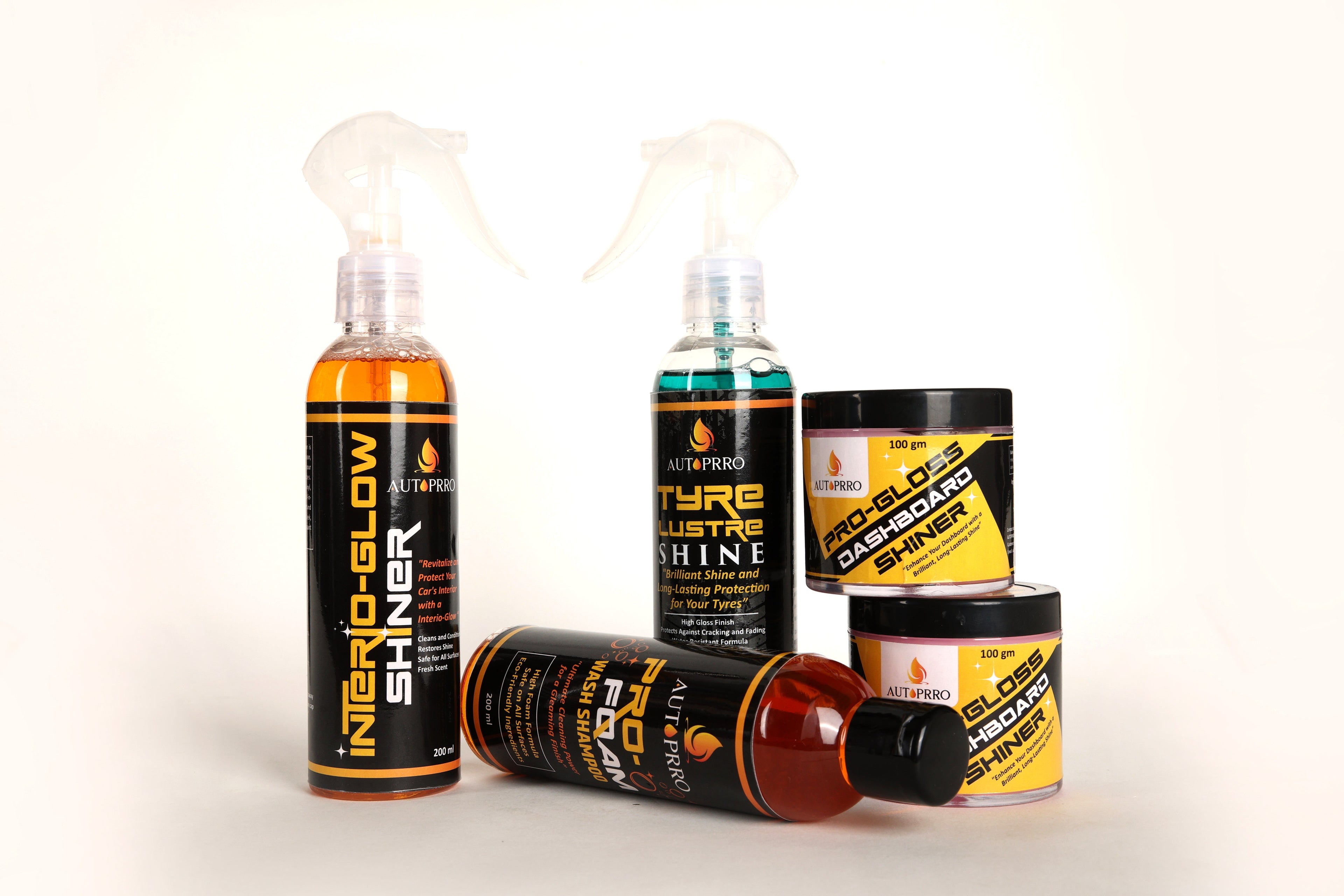 The Ultimate Guide to Car Cleaning Products: Pro-Foam Wash Shampoo, Tyre Lustre Shine, Pro-Gloss Dashboard Shiner, and Interio-Glow Shiner