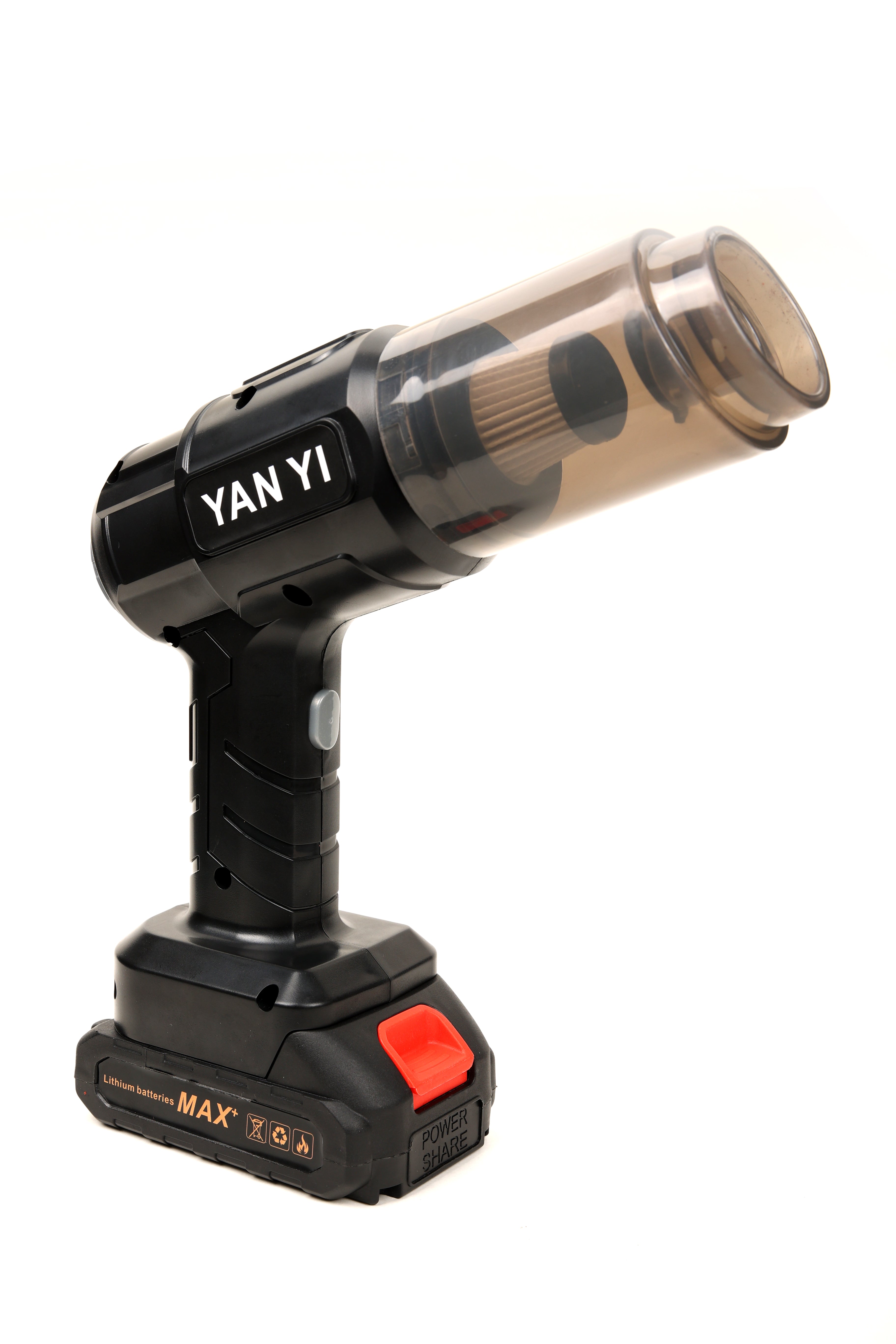 AutoPrro 
A handheld multifunctional vacuum and blower cleaner designed for car interior cleaning, with a transparent dust container and black body, branded as 'YAN YI'.