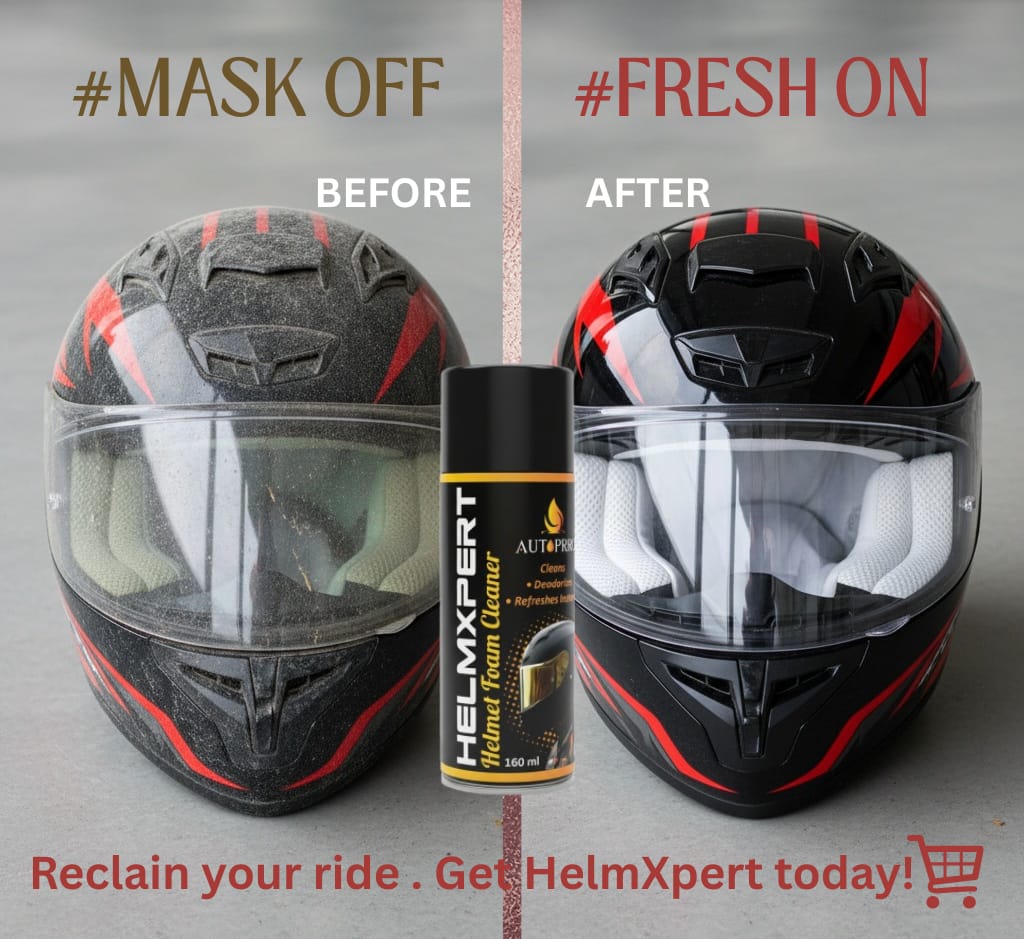 AutoPrro Helmet cleaning product before and after application with HelmXpert branding.