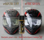 AutoPrro Helmet cleaning product before and after application with HelmXpert branding.