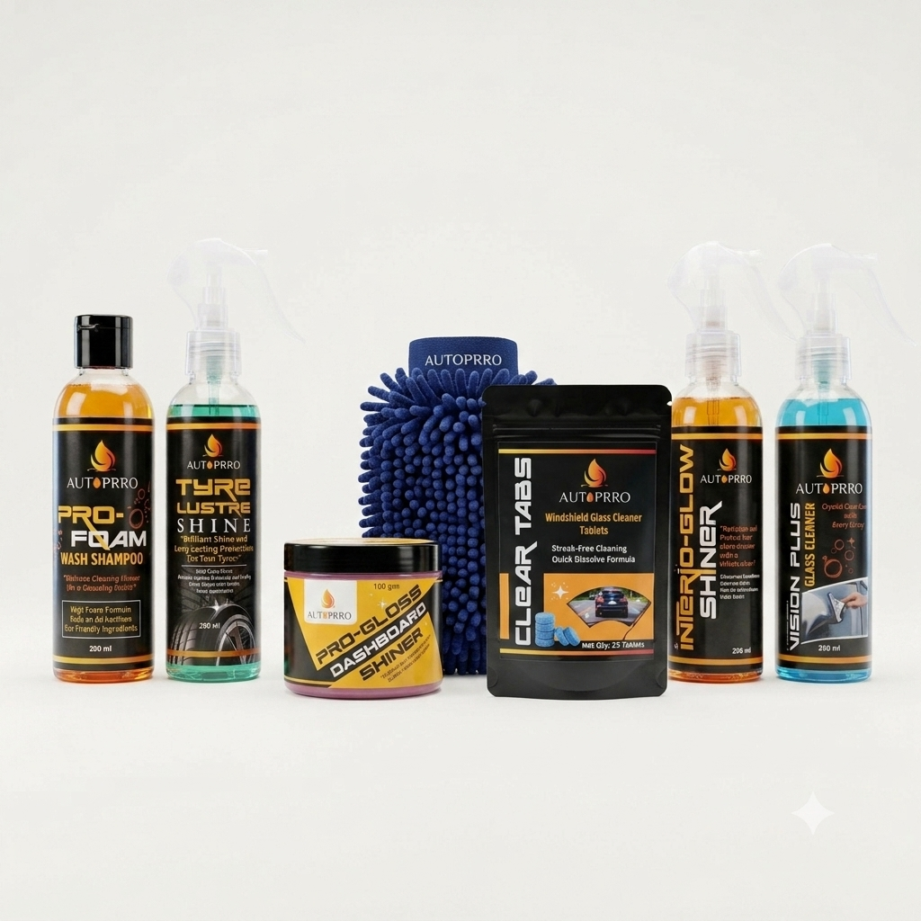Collection of Autoprro car care products including bottles and a towel