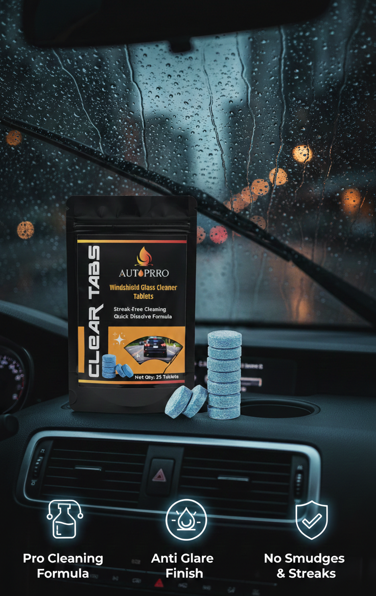 Autoprro Clear Tabs car window cleaning product on a car dashboard with raindrops on the windshield.