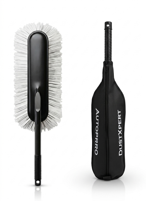 AutoPrro Car cleaning brush with white bristle head and black handle on a white background