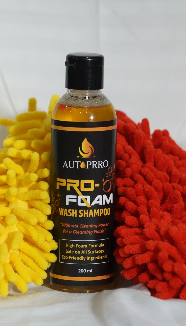AutoPrro Automotive shampoo bottle labeled 'PRO-FOAM' with cleaning tools 