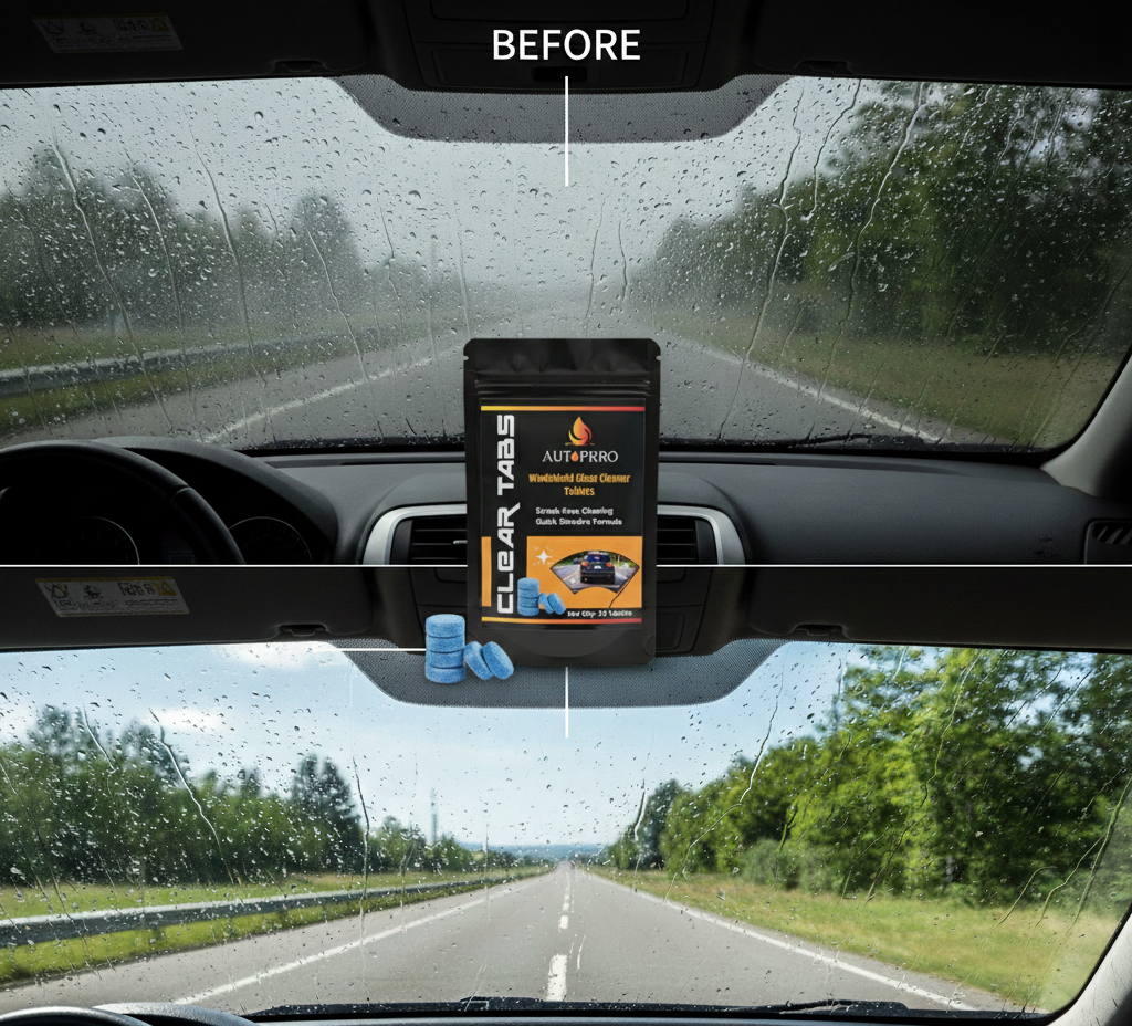 Autoprro Car Glass with a  AutoRAS product and 'Before' and after label on a wet windshield.