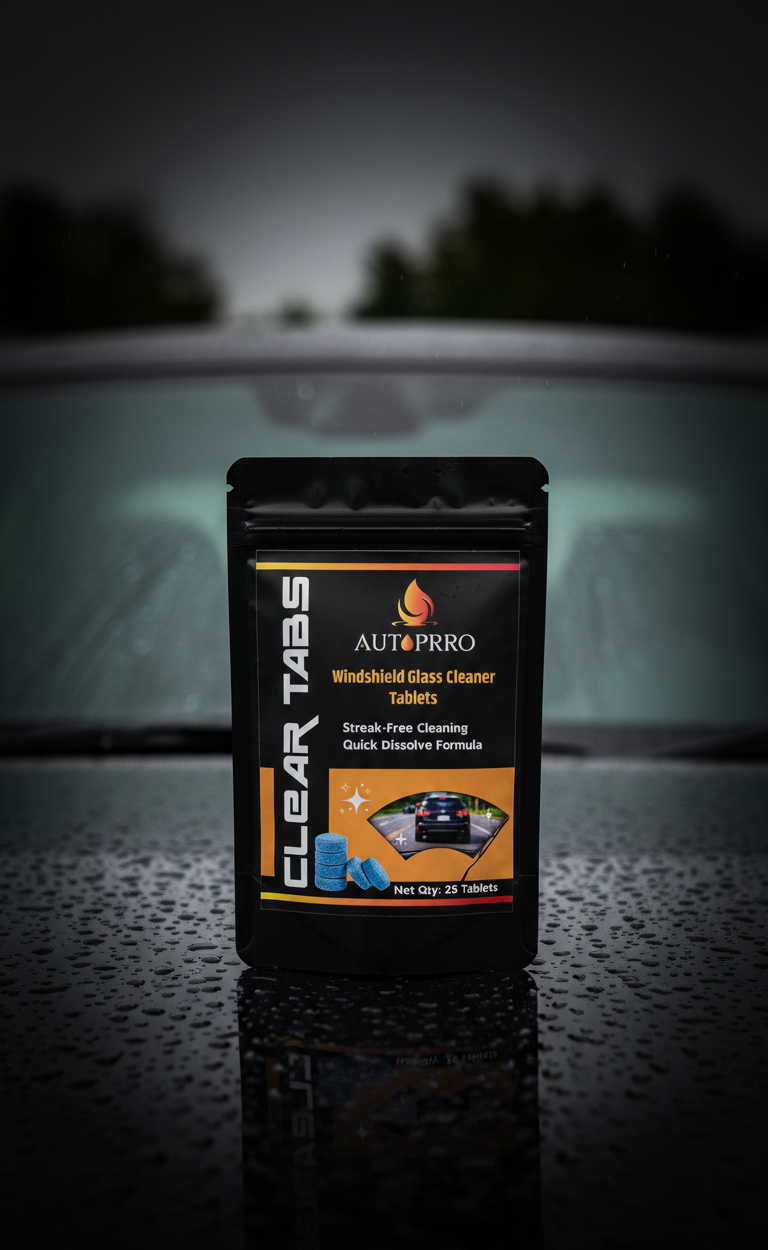 Autoprro windshield glass cleaner tablets packaging on a car dashboard with a blurred background