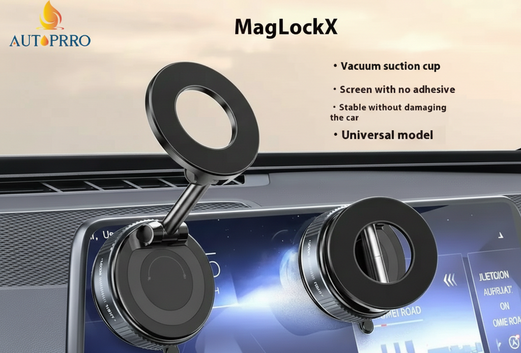 AutoPrro MagLockX car mount with vacuum suction cup on a car dashboard
