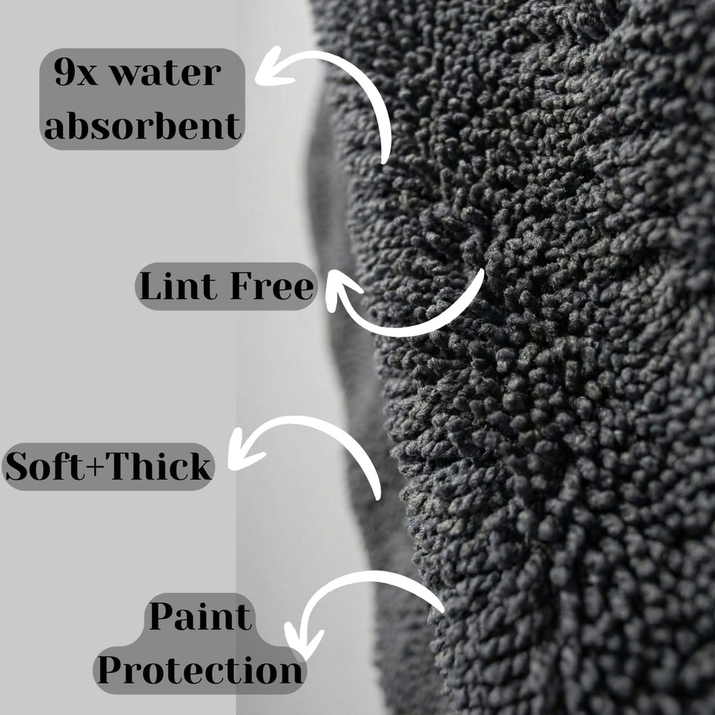 AutoPrro Gray towel with text highlighting its properties on a gray background