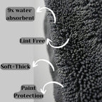AutoPrro Gray towel with text highlighting its properties on a gray background