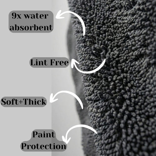 AutoPrro Gray towel with text highlighting its properties on a gray background