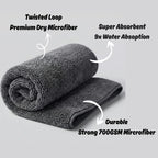 AutoPrro Gray microfiber towel with text highlighting features on a light gray background