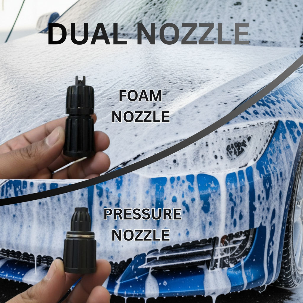 AutoPrro Dual nozzles for car washing held over a car with soap suds, labeled 'Foam Nozzle' and 'Pressure Nozzle'.