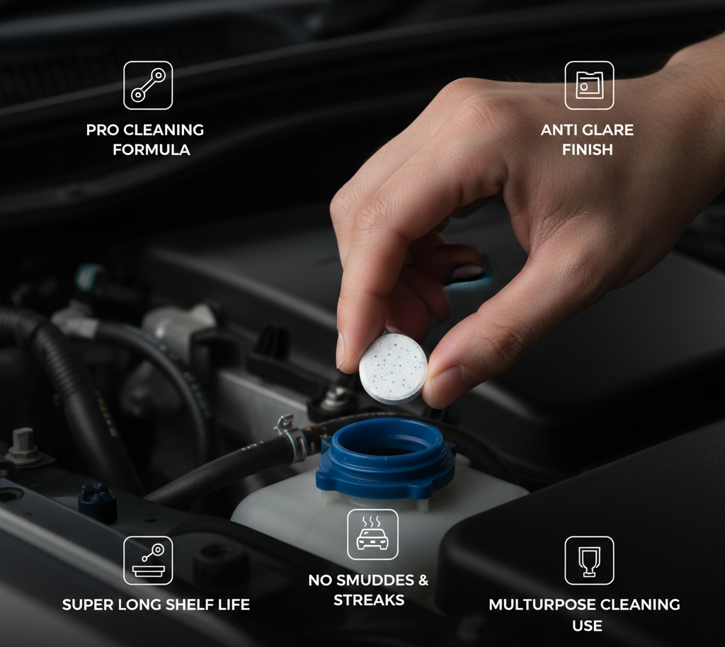 AutoPrro applying a cleaning product to a car's engine with features listed on the screen.