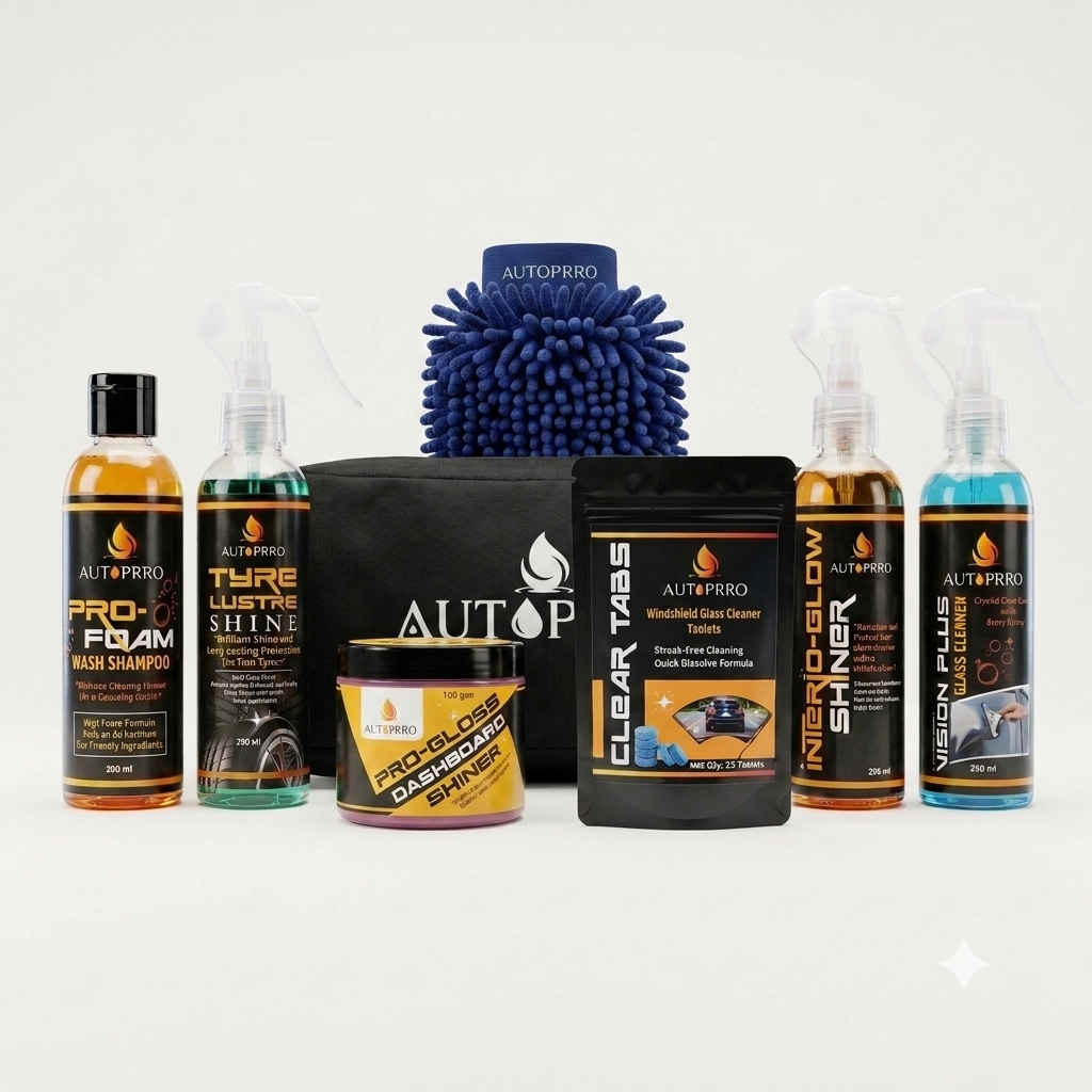Autoprro car care products including bottles, a scrubber,a bag with other products