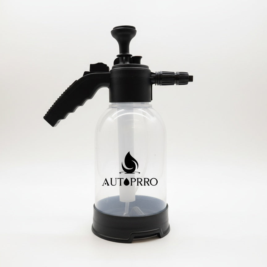 Clear spray bottle with black nozzle and base on a white background, featuring the Autoprro logo.