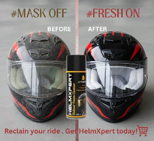 AutoPrro Helmet cleaning product before and after application with HelmXpert branding.