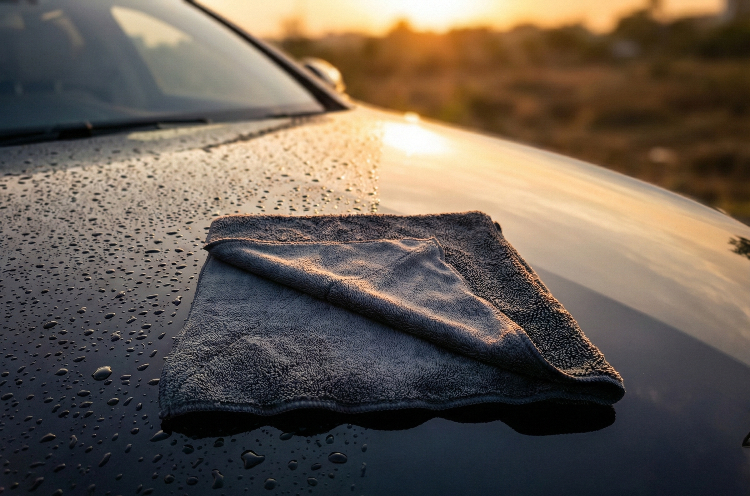 AutoPrro Microfiber cloth on a car's wet surface with a sunset background