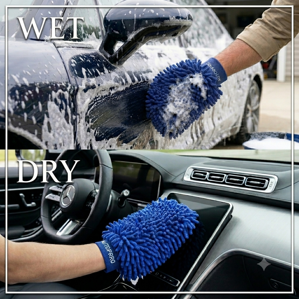 AutoPrro cleaning a car with blue microfiber gloves, with text 'WET' and 'DRY' surface