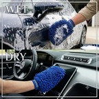 AutoPrro cleaning a car with blue microfiber gloves, with text 'WET' and 'DRY' surface