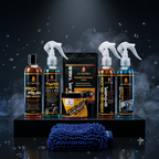 AutoPrro Automotive care products including bottles, a spray bottle, and a towel with soft cleaning cloth gloves