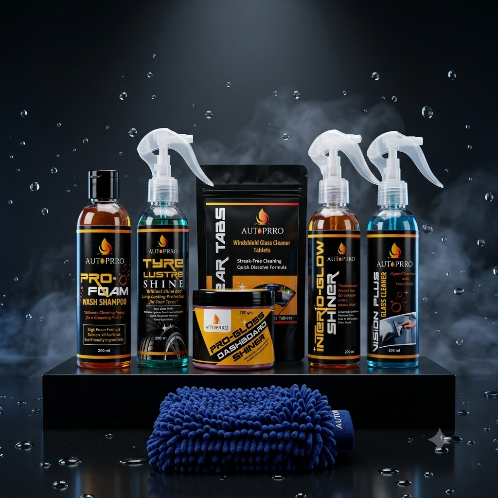 AutoPrro Automotive care products including bottles, a spray bottle, and a towel with soft cleaning cloth gloves